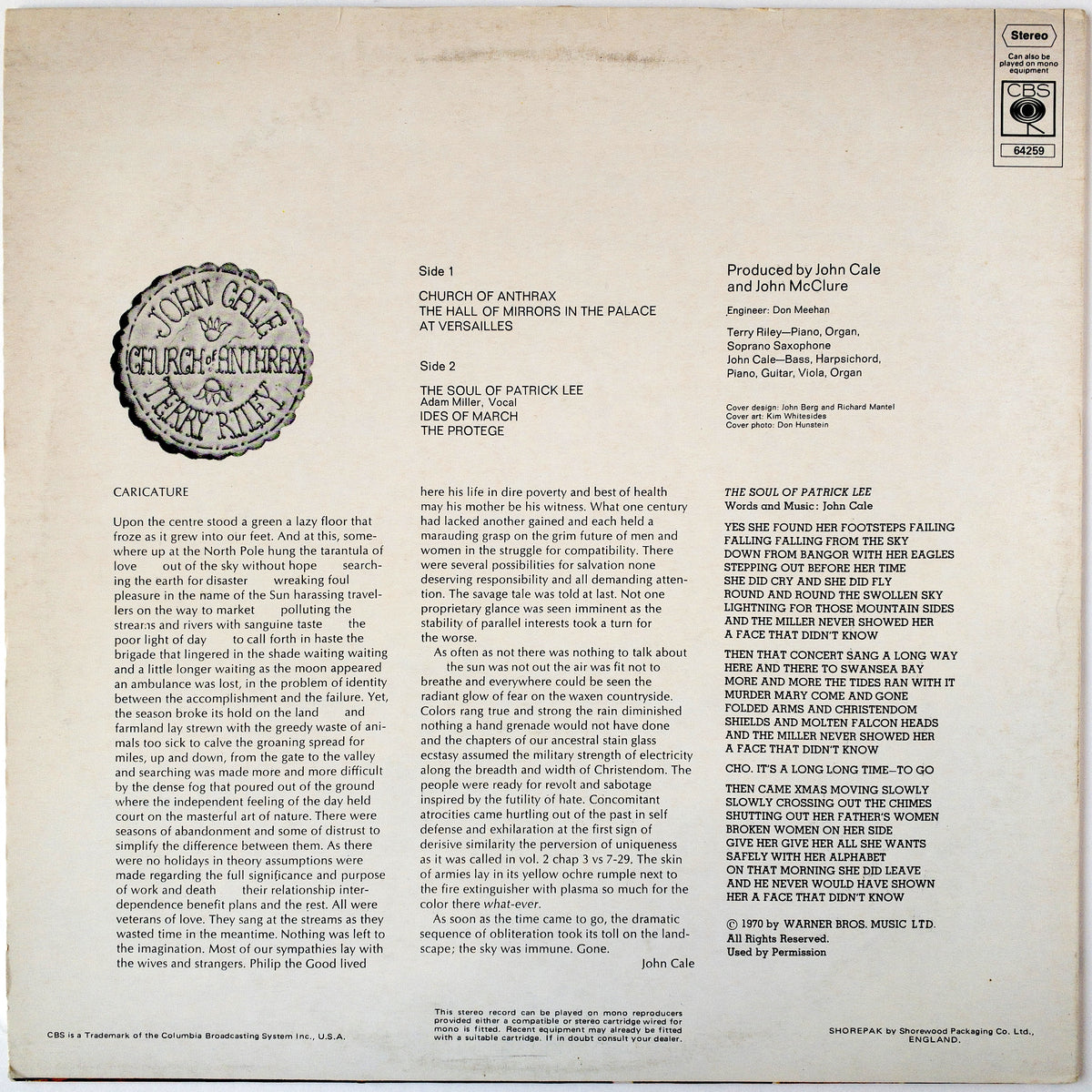 John Cale & Terry Riley – Church Of Anthrax LP