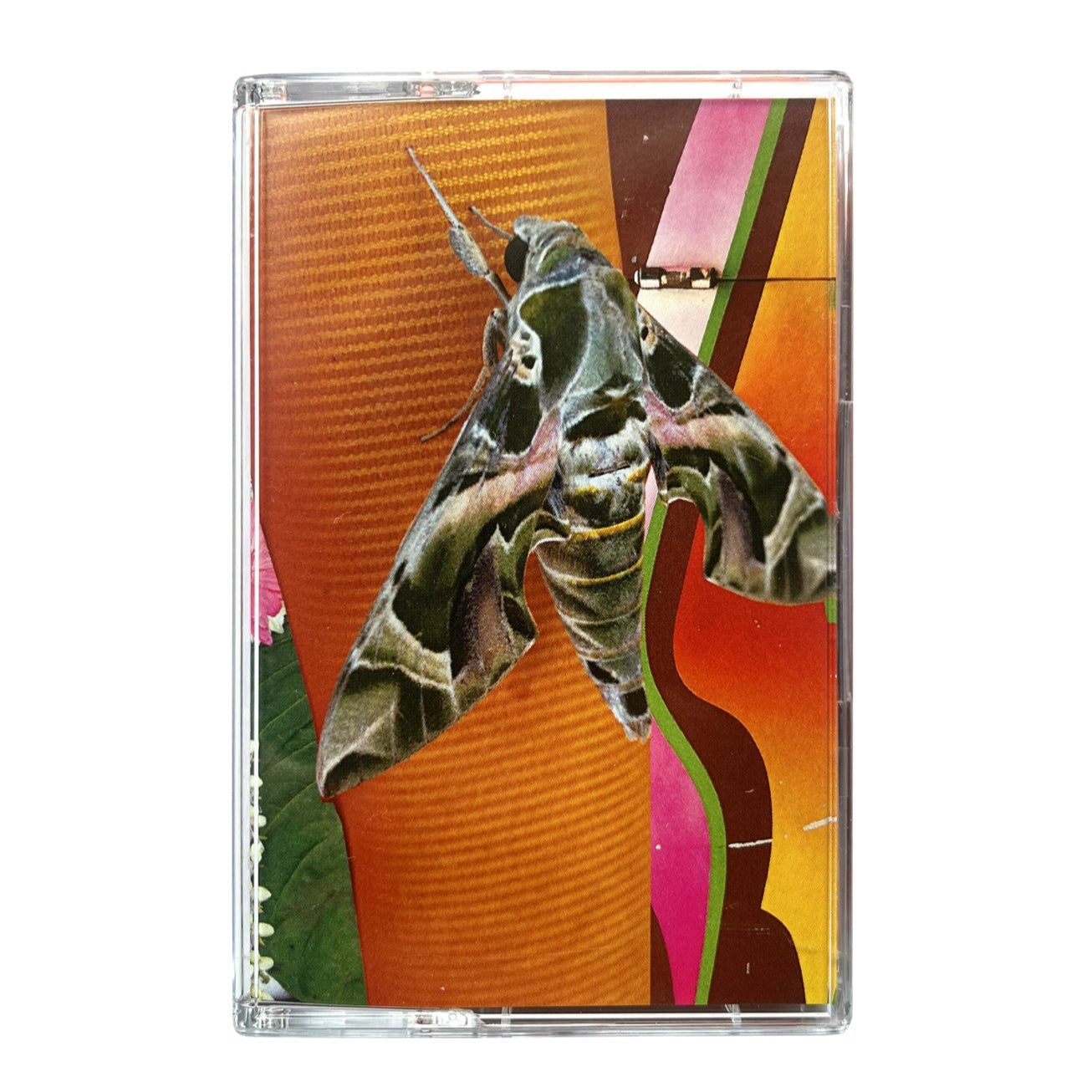 Cassette tape with a colorful butterfly design on a white background