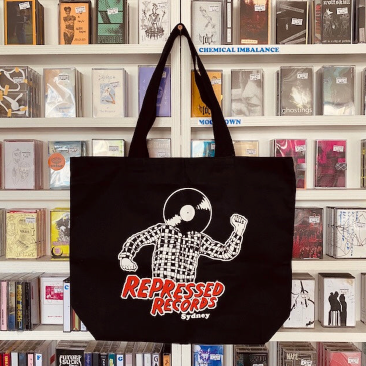 Black Repressed Tote Bag (Red Text)